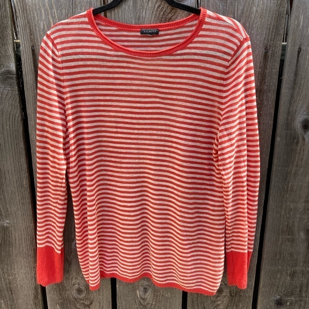 Women's Talbots Sweater Orange Striped NO TAGS Crew Vibrant Fall Linen Light